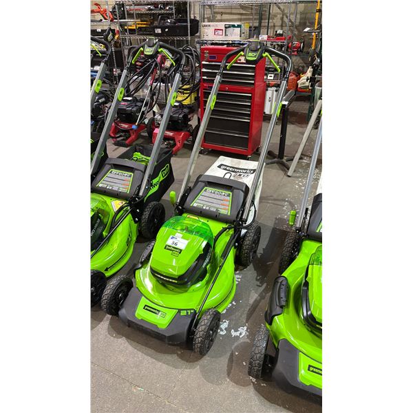 GREENWORKS PRO 21" CORDLESS LAWNMOWER WITH GRASS CATCHER BAG *NO BATTERIES/NO CHARGER/WORKING