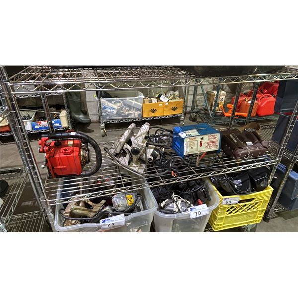 HOMELITE MINI GAS CHAINSAW (NO BLADE), ROCKWELL ELECTRIC CIRCULAR SAW, BATTERY CHARGER & LEATHER