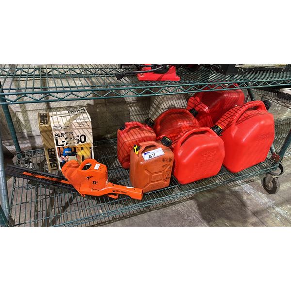 SHELF OF ASSORTED JERRY CANS. B&D 13" HEDGE TRIMMER (NO POWER CORD) & LEMER L-250 SPRAY GUN
