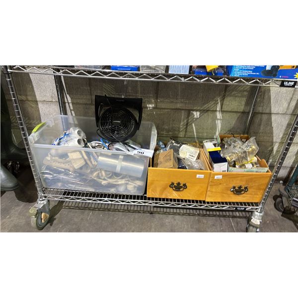TOTE & (2) WOOD DRAWERS OF EXTENSION CABLES, FAN, DOOR HANDLES, DEAD BOLTS & MORE