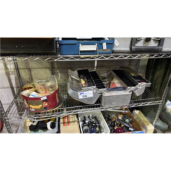 FISHING TACKLE BOX & CONTENTS & COOKIE TIN OF ASSORTED FISHING LURES & LINE