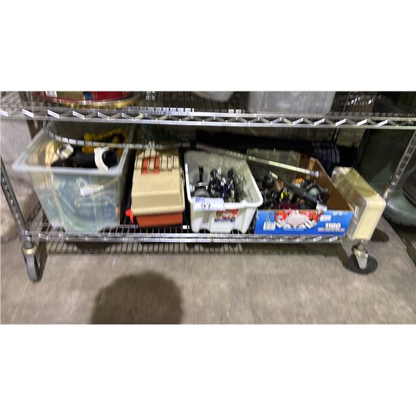 SHELF OF ASSORTED FISHING REELS, FISHING TACKLE & MORE