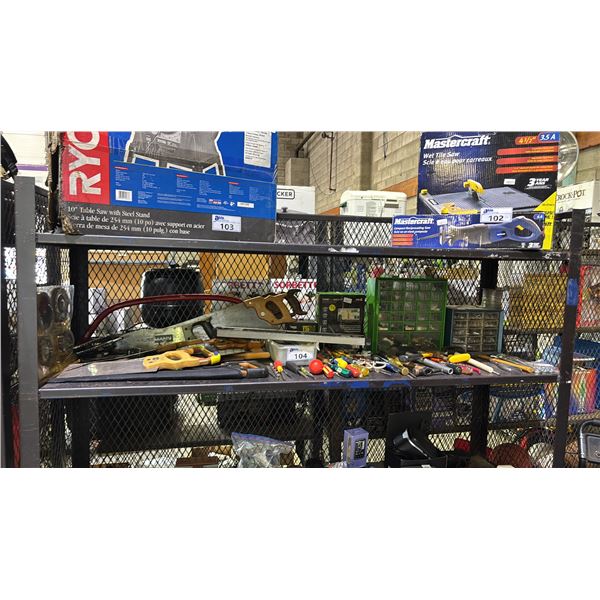 SHELF OF ASSORTED SAWS, HAND TOOLS, SMALL PARTS ORGANIZERS, GPS NAVIGATION W/INTEGRATED TIRE