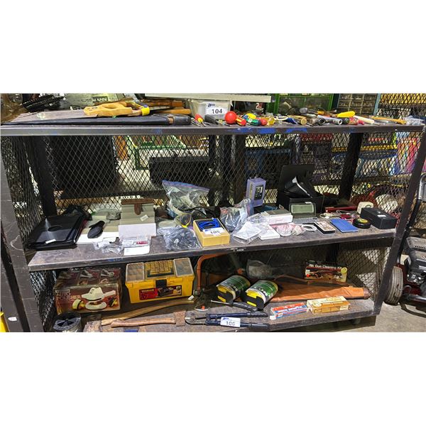 SHELF OF ASSTD. ELECTRONICS CABLES, MULTI-SLOT FOLDABLE SUNGLASSES CASE, BLUE WOLF VR GLASSES & MORE