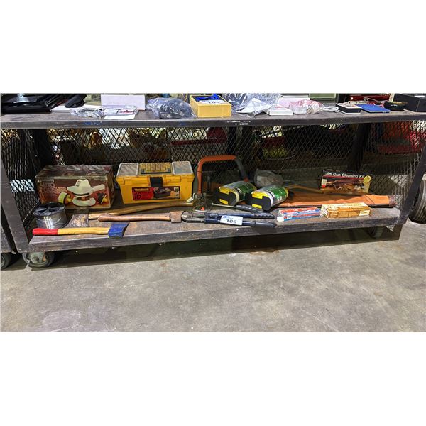 SHELF OF AXES, ROPE, SHARPENING STONES, GUN CLEANING KIT, AUTO POLISHER & MORE