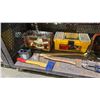 Image 2 : SHELF OF AXES, ROPE, SHARPENING STONES, GUN CLEANING KIT, AUTO POLISHER & MORE