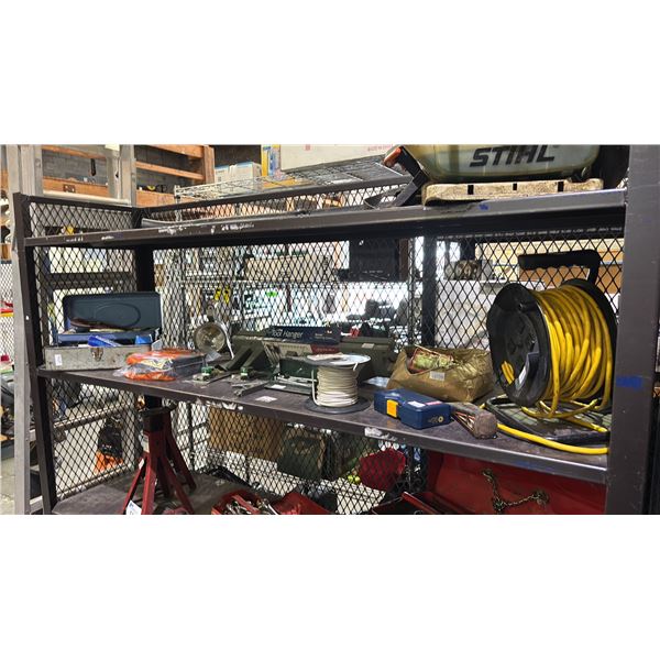 SHELF OF EXTENSION CABLE REEL, TOOL HANGER, ALLEN KEYS, WORK LIGHT, GARAGE DOOR SEAL & MORE