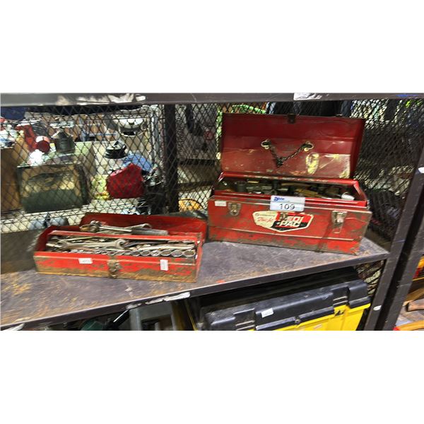 (2) VINTAGE RED METAL TOOLBOXES & CONTENTS