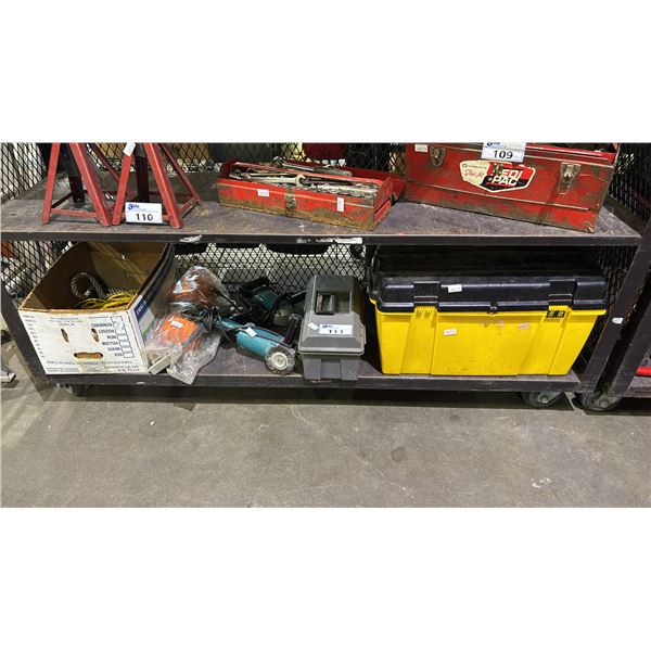 MAKITA ANGLE GRINDER, MAKITA SPADE HANDLE DRILL MIXER, 2 TOOLBOXES W/CONTENTS, BOX OF ROPE & MORE