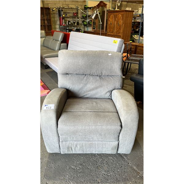 FABRIC RECLINING ROCKER LOUNGE CHAIR (MAY HAVE RECLINING ISSUES, CLEANING REQUIRED)