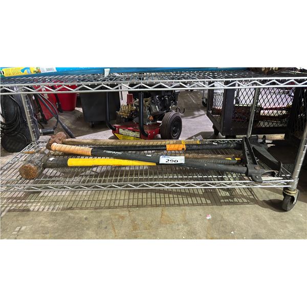 (2) LONG HANDLED MALLETS & (2) 4-CLAW WEEDING TOOLS