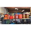 Image 1 : SHELF OF PLASTIC JERRY CANS & VINTAGE METAL GAS CANS