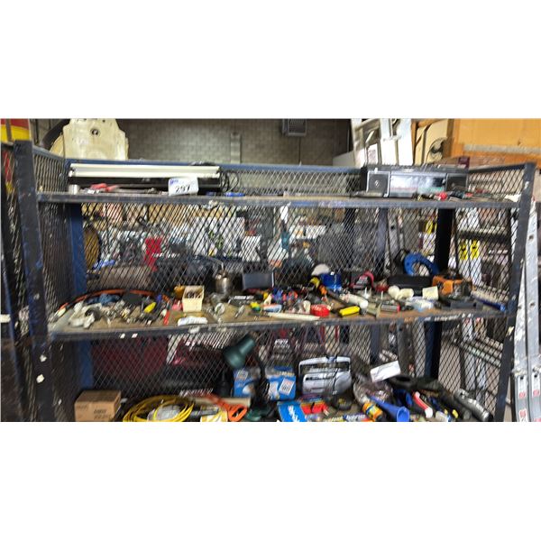 SHELF OF ASSTD. TOOLS: CLAMPS, WRENCHES, OIL CAN, HAND SAWS, UTILITY KNIVES, LASER LEVEL & MORE