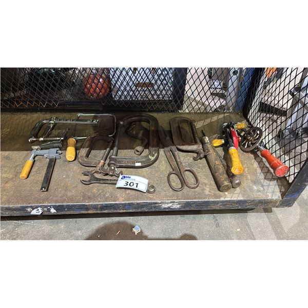 ASSORTED CLAMPS, MANUAL HAND DRILLS, WRENCH & MORE