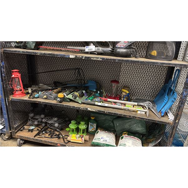 SHELF OF LAWN SPRINKLERS, HUMMINGBIRD FEEDER, PLANT STAND, VINTAGE KEROSENE LAMP & MORE