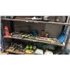 Image 1 : SHELF OF LAWN SPRINKLERS, HUMMINGBIRD FEEDER, PLANT STAND, VINTAGE KEROSENE LAMP & MORE