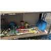 Image 3 : SHELF OF LAWN SPRINKLERS, HUMMINGBIRD FEEDER, PLANT STAND, VINTAGE KEROSENE LAMP & MORE