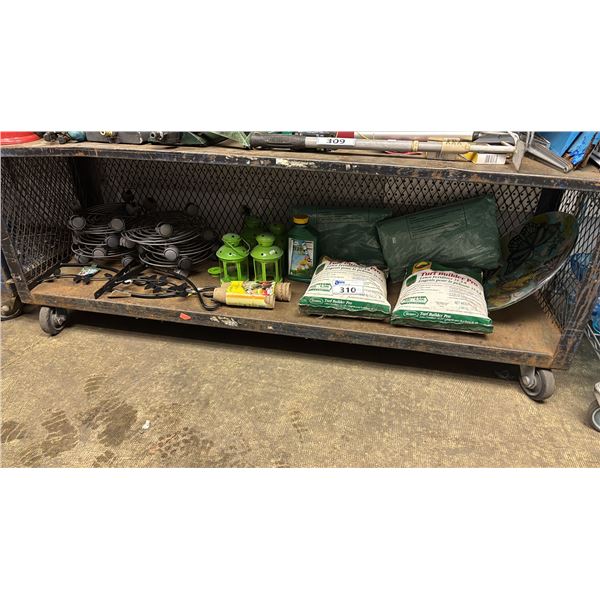 SHELF OF TURF BUILDER PRO LAWN FERTILIZER, JIFFY POTS, VOTIVE HANGING LAMPS, GARDEN DECOR & MORE