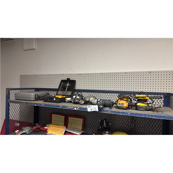 SHELF OF ASSORTED POWER TOOLS: PALM SANDERS, DRILLS, JIG SAW KIT & EMPTY SKIL TOOL CASE