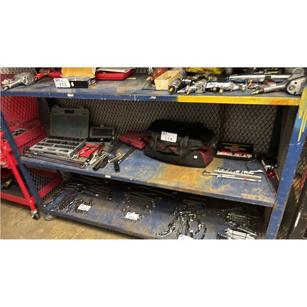 SHELF OF SOCKET SETS, HAND RATCHETS, VTG. TORQUE WRENCHES, VTG. SNAP-ON TORQOMETER, SNAP-ON TOOL