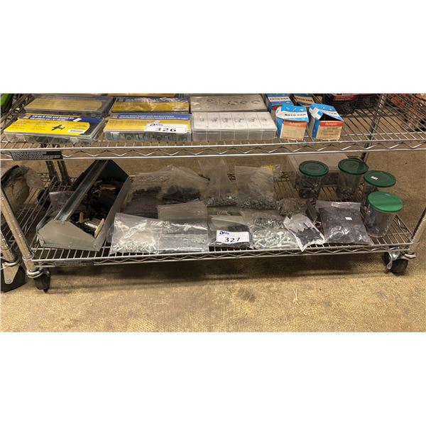 SHELF OF ASSORTED SCREWS, WASHERS, METAL TOOL BOX & CONTENTS & MORE