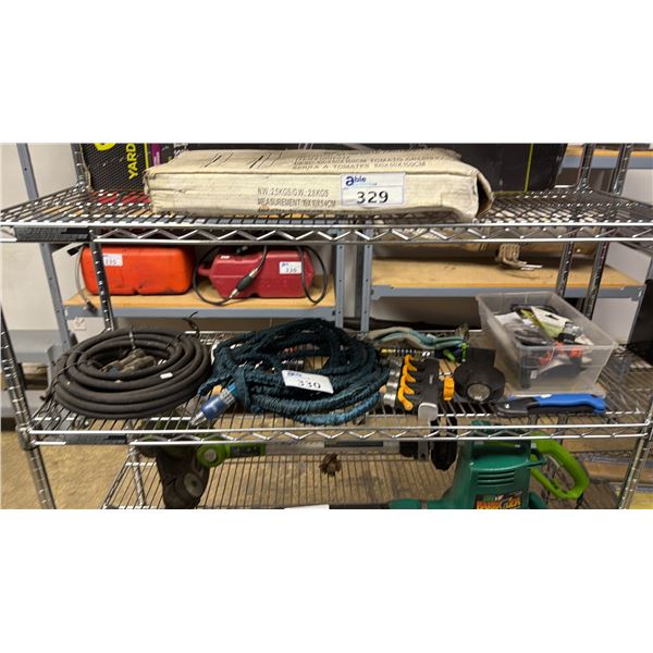 SHELF LOT OF HOSES, CLIP-ON LIGHT, MEINOR 4-WAY CONTROL VALVE, LEATHER GARDEN GLOVES & MORE