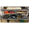 Image 1 : SHELF LOT OF HOSES, CLIP-ON LIGHT, MEINOR 4-WAY CONTROL VALVE, LEATHER GARDEN GLOVES & MORE