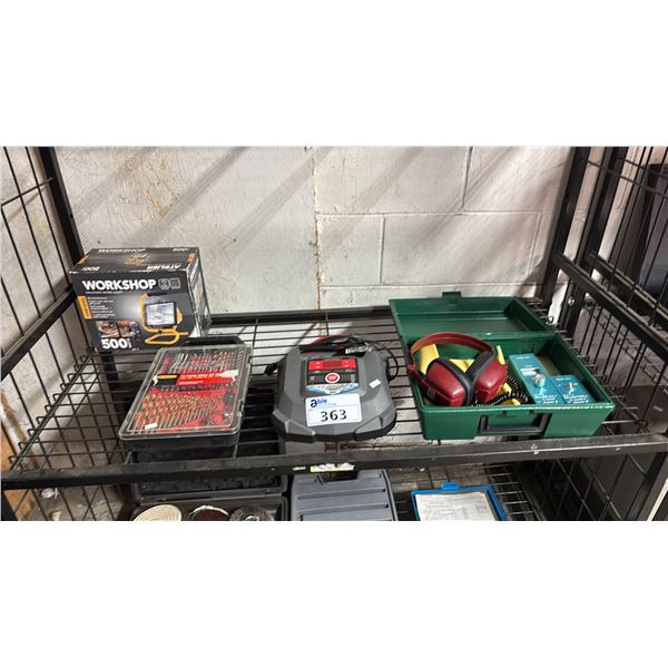 WORKSHOP HALOGEN WORKLIGHT, 75 PC DRILL BIT SET, SCHUMACHER BATTERY CHARGER & MORE