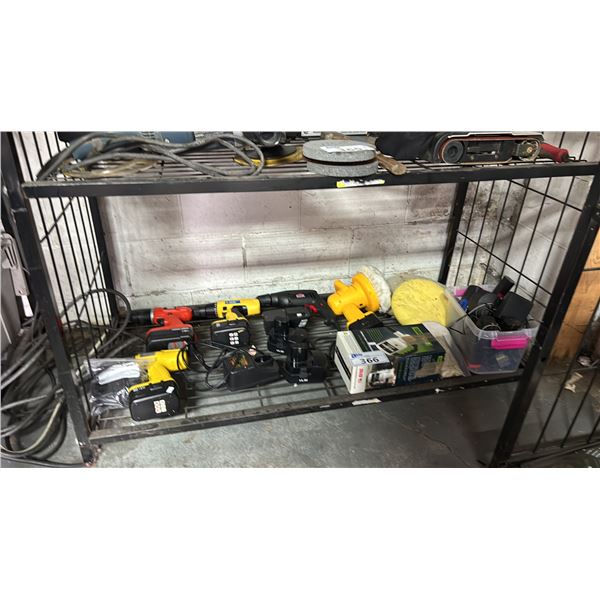 SHELF OF ASSORTED CORDLESS TOOLS, BATTERIES, CHARGERS & A DATAVAC ELECTRIC DUSTER