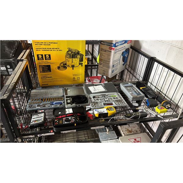 MILTON BATTERY TESTER, POWER FIST CLAMP METER, TAP & DIE SET, HOLE SAW KIT, SOCKET WRENCH SET &