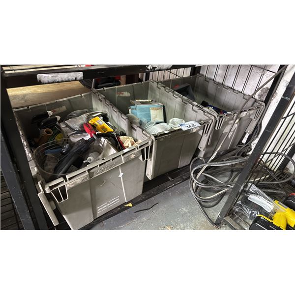 (3) TOTES OF ASSTD. TOOLS, NOMA LIGHT TIMER, WASHERS, NAILS, ALL-PURPOSE CLEANER & MORE