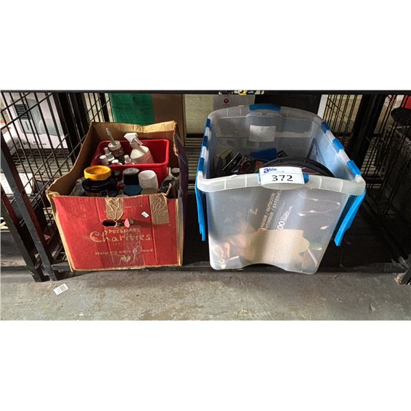 BOX OF ASSTD. AEROSOL SPRAY PAINT & BOX OF LED STRING LIGHTS, 4-PORT POWER CAR ADAPTER & MORE