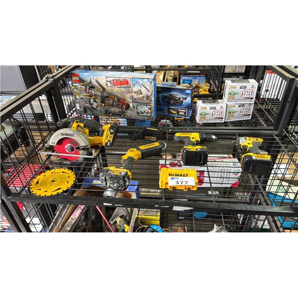 SHELF OF DEWALT CORDLESS TOOLS W/BATTERIES: CIRCULAR SAW, STICK LIGHT, DRILL BITS & (2) DRILLS