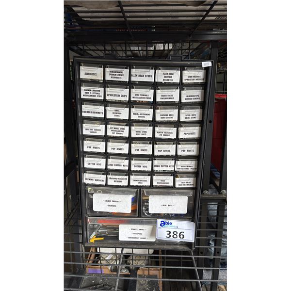 MULTI-DRAWER PLASTIC HARDWARE STORAGE CABINET FILLED W/ ASSTD. BOLTS, NAILS, SCREWS & MORE: 19.75"H