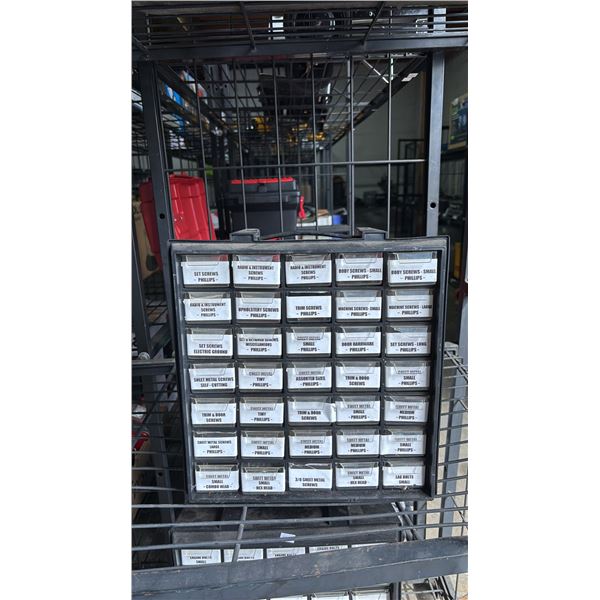 MULTI-DRAWER PLASTIC HARDWARE STORAGE CABINET FILLED W/ ASSTD SCREWS: 12.5"H