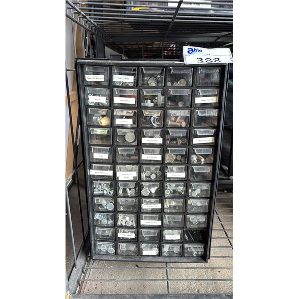 MULTI-DRAWER PLASTIC HARDWARE STORAGE CABINET FILLED W/ ASSTD. BOLTS: 19.75"H