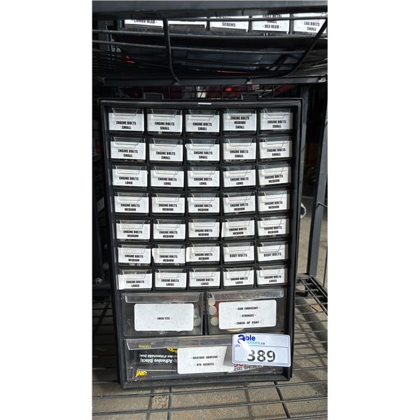 MULTI-DRAWER PLASTIC HARDWARE STORAGE CABINET FILLED W/ ASSTD. BOLTS, GASKETS & MORE: 19.75"H