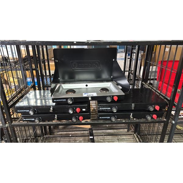 (5) COLEMAN GLADIATOR 2-BURNER PROPANE STOVES *MISSING GRATES*