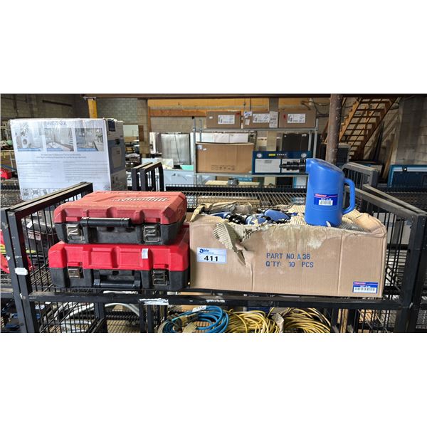 (2) EMPTY MILWAUKEE TOOL CASES & BOX OF WESTWARD 2 QUART BATTERY FILLER BOTTLES