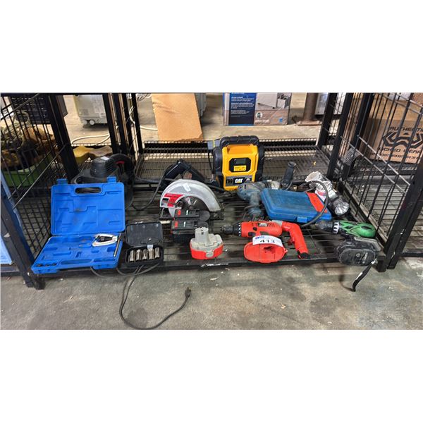 SHELF OF ASSTD. CORDED & CORDLESS TOOLS, BATTERIES, CAT POWER STATION & MORE