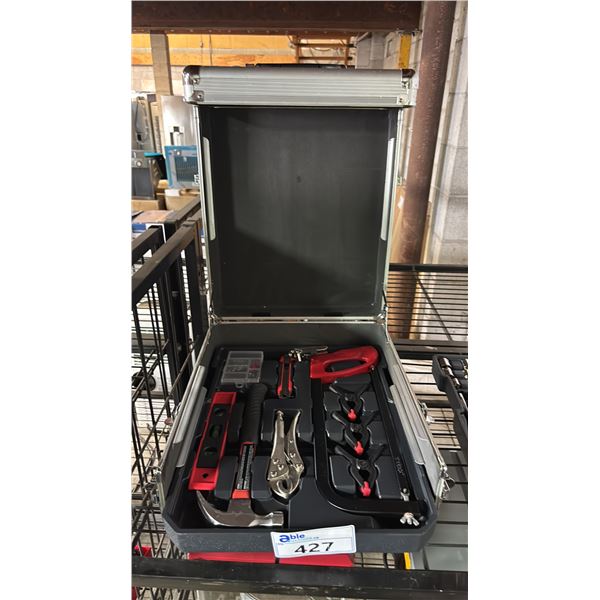 ALUMINUM TRIMMED TOOL CASE WITH HACKSAW, HAMMER, TORPEDO LEVEL, PLIERS, SPRING CLAMPS & MORE