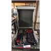 Image 1 : ALUMINUM TRIMMED TOOL CASE WITH HACKSAW, HAMMER, TORPEDO LEVEL, PLIERS, SPRING CLAMPS & MORE
