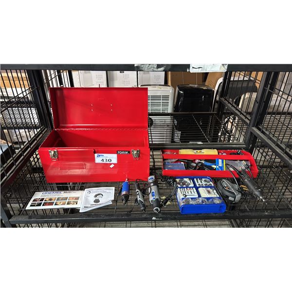 TORIN RED METAL TOOLBOX WITH ASSORTED DREMEL ROTARY TOOLS, DREMEL PC10 POWER SCRUBBER & MORE
