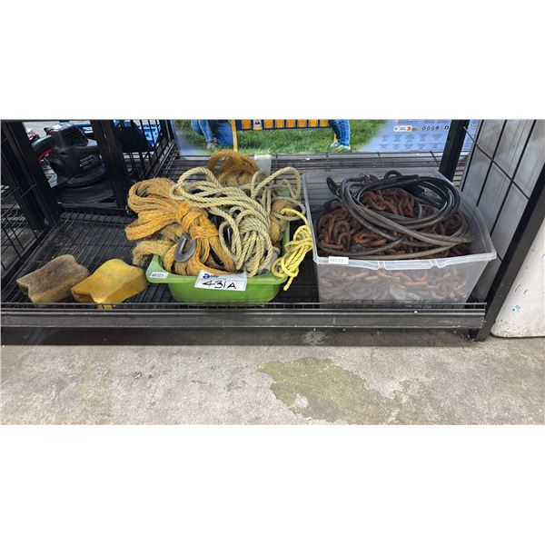 SHELF OF CHAINS, ASSORTED COILED ROPE, LADDER BUMPERS & MORE