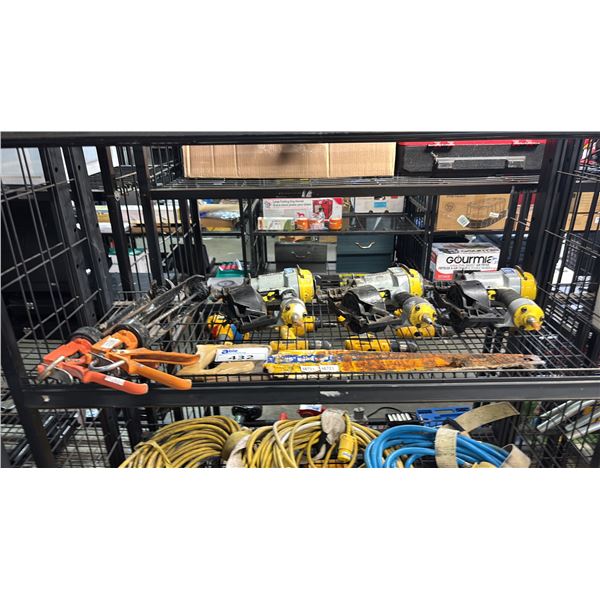 SHELF OF CAULKING GUNS, HAND SAW & (3) POWER FIST COIL ROOFING AIR NAILERS