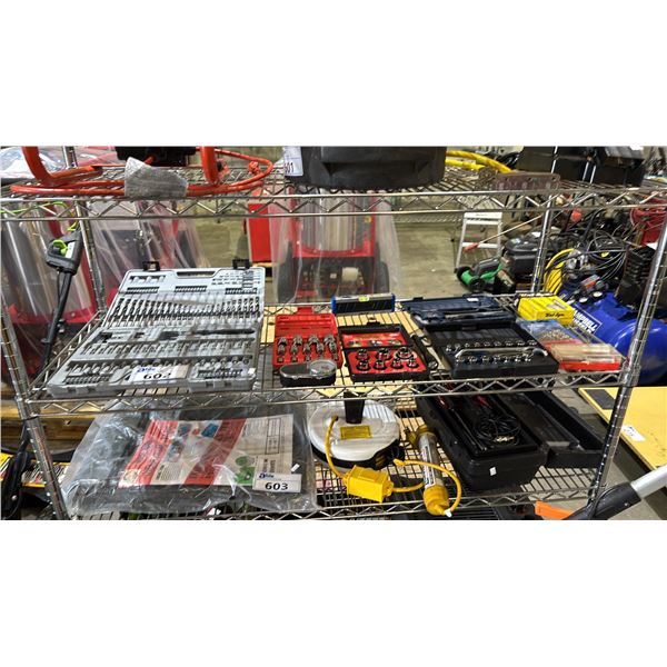 SHELF OF ASSORTED SOCKET & SOCKET TOOL SETS, MASTERCRAFT DRILL BIT SET, TIRE PRESSURE GAUGE & MORE