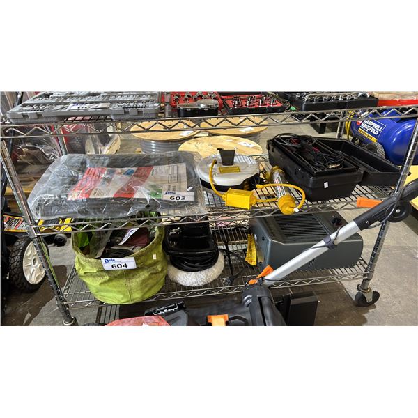 INDUSTRIAL TARP, RUFF LITE RETRACTABLE WORK LIGHT & TOOLBOX WITH CONTENTS