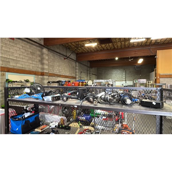 SHELF OF ASSTD. CRAFTSMAN & B&D ELECTRIC DRILLS & NAILERS, EXTENSION CORDS & CLIP ON DESK FAN