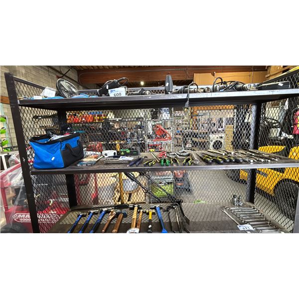 SHELF OF ASSORTED PLIERS, C-CLAMPS, STAPLE GUN, DISPOSABLE GLOVES, TOOL BAG & CONTENTS & MORE