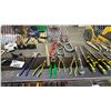 Image 3 : SHELF OF ASSORTED PLIERS, C-CLAMPS, STAPLE GUN, DISPOSABLE GLOVES, TOOL BAG & CONTENTS & MORE